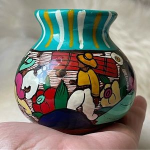 MEXICAN FOLK ART STORY HAND PAINTED RED CLAY SMALL POTTERY VASE